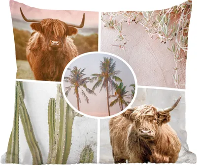 Produktbild von MuchoWow® Zierkissen Sofakissen Wohnzimmer Dekokissen 40x40 cm Schottische Hochlandrind - Collage - Pflanzen - Foto Kissen - Schlafzimmer Dekoration
