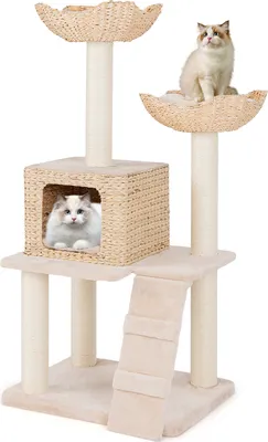 Immagine prodotto di Tiragraffi COSTWAY 122 cm con grotta per gatti, albero per gatti con 2 posatoi, cuscino, grotta, scala e paletti in sisal, albero di arrampicata multilivello piccolo beige