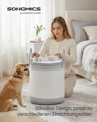 Obrázek produktu pro Koš na prádlo – sběrný koš – 60 litrů – s víkem – se šňůrkou – s úchyty z bavlněné šňůry – světle šedý