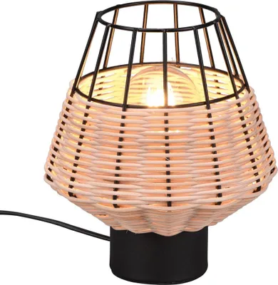 Zdjęcie produktu dla Lampa stołowa BORKA czarna-jasne drewno 1xE27x40W wiklina / rattan / słoma wym:20x17,5x17,5cm IP20 RL