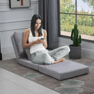 Produktbild von Bodensessel Klappmatratze 2-in-1, Schlafsofa Bodenkissen, 5-stufig verstellbar 105°–180°, Leinen, Grau | 80 x 60 x 56 cm | 6 kg | inkl. 2 Kissen
