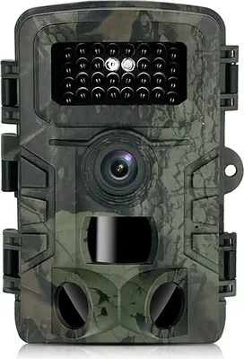 A camouflage-patterned trail camera is shown against a white background.