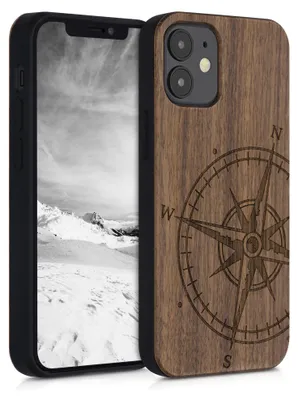 Produktbild von kwmobile Handyhülle für Apple iPhone 12 mini Hülle Holz - Case mit TPU Bumper - Stoßfestes Hardcase - Schutzhülle Cover in Dunkelbraun