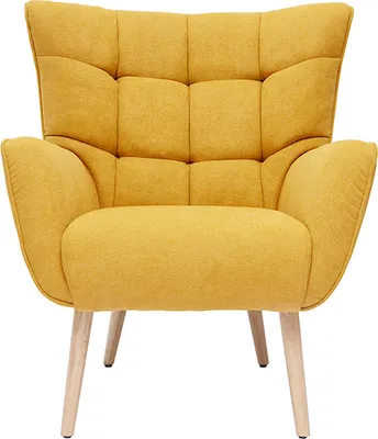A yellow armchair with wooden legs on a white background.