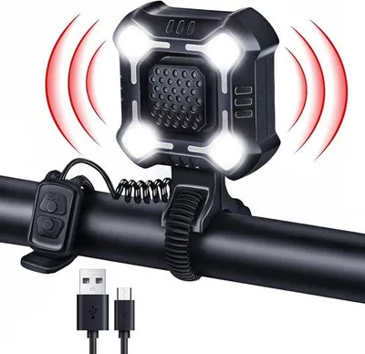 Immagine prodotto di Clacson + faro 2 in 1 da 140 dB per bicicletta – 6 modalità sonore – USB-C – Impermeabile IPX6 – Per biciclette elettriche Step