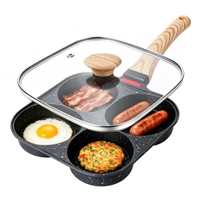 Produktbild von Spiegeleipfanne mit Deckel, 4 Loch Pancake Pfanne (1-tlg), Aluminium-Antihaft Bratpfanne für Induktionsherd & Gasherd