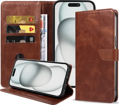 Produktbild von Fit für iPhone 15 Plus Handytasche Kunstleder mit magnetischer Lippe und Kartenhalter Buchhülle mit Klappe - Dunkelbraun - Smartphonics