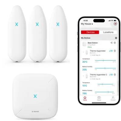 Produktbild von X-Sense Smart Wifi Hygrometer Bundle - 3 Stück und Basisstation - Intelligenter Temperatursensor und Luftfeuchtigkeitsmesser für Innenräume