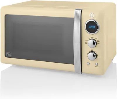 Imagen del producto de Microondas digital de 20 litros, con 5 niveles de potencia, función de descongelación, temporizador de 60 minutos, puerta con efecto espejo, plato giratorio de 27 cm, diseño vintage, color crema, 800W