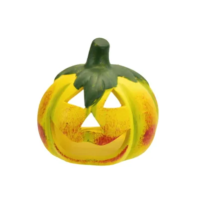 Produktbild von Lachender Keramik Kürbis Gelb 8x8 cm Halloween Deko Teelicht LED-Beleuchtung