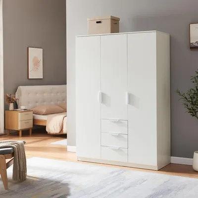 Produktbild von Kleiderschrank ’Eiselfing’ 176 x 120 x 52 cm mit 3 Türen, 2 Stangen, 4 Fächern, 3 Schubladen Weiß