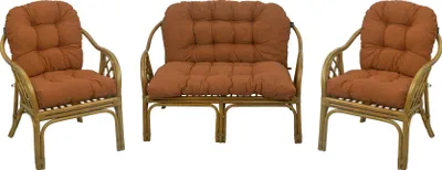 A set of three rattan furniture pieces with brown cushions, including two armchairs and a loveseat, displayed on a white background.