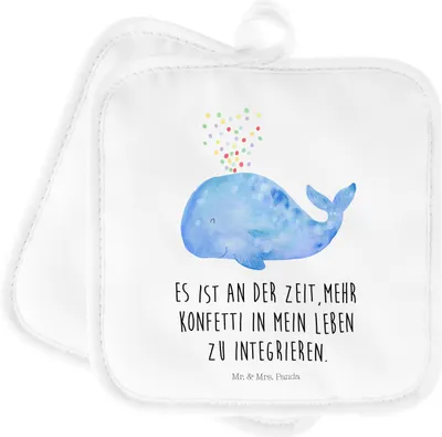 Produktbild von Mr. & Mrs. Panda Topflappen Wal Konfetti - Weiß - Geschenk, Abnehmen, Kochlappen, Topfuntersetzer, Geburtstag, Wale, 2er Set, Trennung, Meer, Neustart, topfhalter