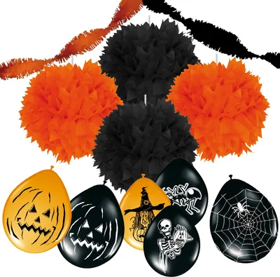 Produktbild von 30-teiliges Halloween Dekoration Set inkl. Girlanden aus Krepppapier (Schwarz und Orange), Pompom Kürbis und Luftballons