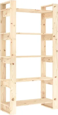 A tall, narrow, unfinished wooden bookshelf with five shelves.