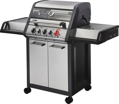 A stainless steel gas grill with black accents and side shelves, shown on a white background.