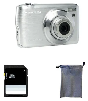 A digital camera, an SD card, and a drawstring pouch are displayed against a white background.