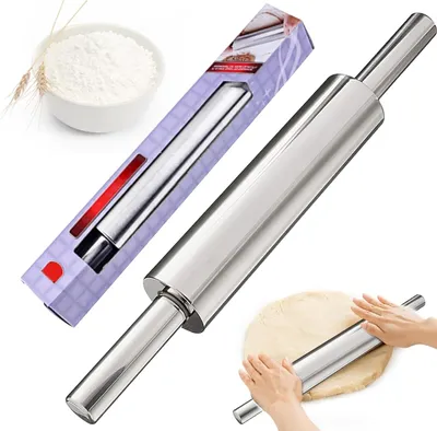 Produktbild von Nudelholz aus Edelstahl, Nudelholz mit Antihaftbeschichtung aus Edelstahl, 43 cm Nudelholz mit Griff, drehbares Nudelholz, Backzubehör-Rollstift für F