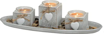 Produktbild von Windlichter Holz / Glas, mit Steinen & Tablett 39 x 13 x 11 cm, steingrau