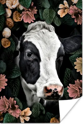 Produktbild von MuchoWow® Poster Kuh - Blumen - Blätter 40x60 cm - Plakate für die Wand - Poster Babyzimmer