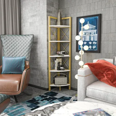 A living room corner with a chair, bookshelf, and sofa.