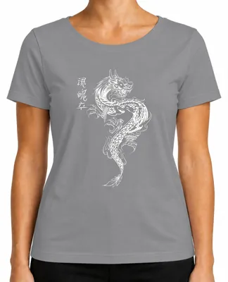 Imagen del producto de Camiseta para mujer, color gris, talla S, con diseño de dragón japonés, estilo Irezumi, dragón oriental, motivos asiáticos, carpas (Koi) y llamas