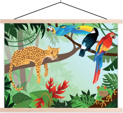 Produktbild von MuchoWow® Textilposter Dschungeltiere - Tukan - Jungen - Mädchen - Leopard 40x30 cm mit holzfarbenen Rahmen - Bilder