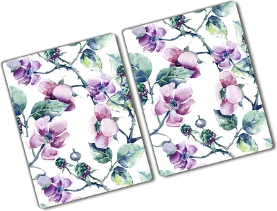 Produktbild von Tulup Glas Herdabdeckplatte - 2x40x52 cm - Glaskeramikkochfeld-Abdeckung Spritzschutz Glasabdeckplatte Kochplattenabdeckung und Schneidebrett - Zweiteilig - Blumen & Pflanzen - Brombeerblumen - Lila