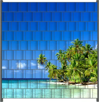 Produktbild von Wallario Zaunsichtschutz mit Motiv Blauer Himmel  weißer Strand  Palmen und das tiefblaue Meer für Ein- und Doppelstabmatten Zäune in der Größe 200 x 200 cm