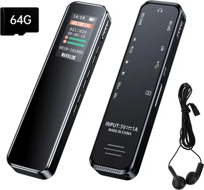 Produktbild von dyktafon cyfrowy 64 GB, format MAV 1536 KBPS, nagrywanie HD, redukcja szumów, odtwarzacz MP3, ustawienia ochrony hasłem, ze słuchawkami