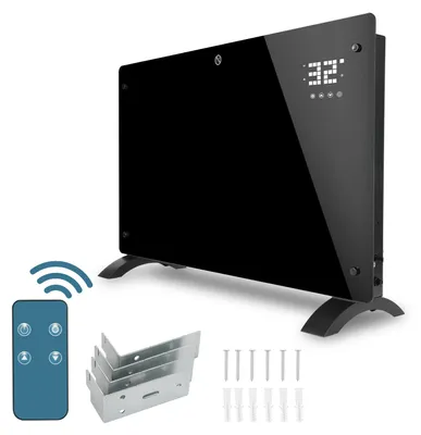 Zdjęcie produktu dla Grzejnik elektryczny Peviasot 2000W, czarny, z szybą, z aplikacją WiFi i pilotem, timer 24h, termostat, klasa ochrony IP24, do montażu na ścianie lub do postawienia na podłodze