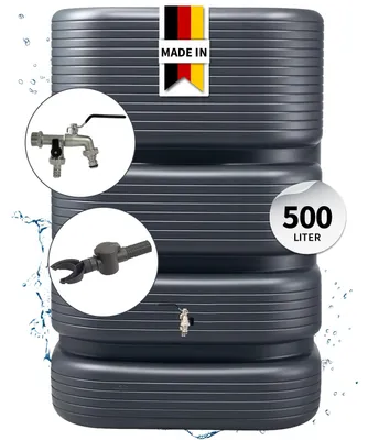 Produktbild von 4rain QUADRO Regentonne Wandtank Komplett-Set 500 Liter, graphite grey inkl. Chrom-Doppelauslaufhahn und Fallrohranschluss