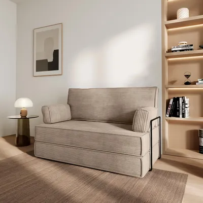 Produktbild von Masseno Schaumstoffsofa LADIA mit Schlaffunktion, Schlafsofa, Wohnzimmersofa, Couch, Sofa, Bettsofa, Kordstoff – Beige POSO 02