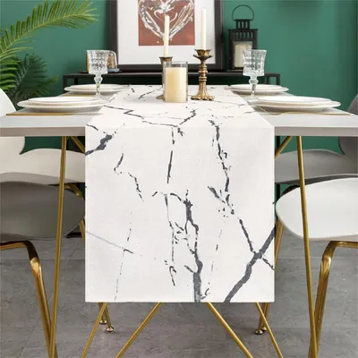 Produktbild von Tischläufer Leinen Marmoroptik Grau Weiß 33 x 183 cm
