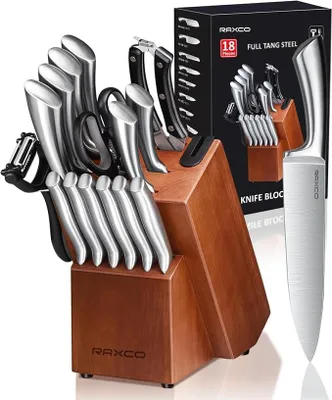 Imagen del producto de Conjunto de cuchillos de acero inoxidable, juego de 18 piezas: incluye cuchillos para carne, juego profesional de cuchillos de cocina con bloque y afilador
