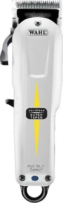 A white Wahl Cordless Super Taper hair clipper is shown against a white background.