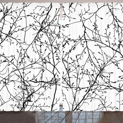 Obrázek produktu pro ARANDE přírodní záclona, větvičky s pupeny listů, jarní lesní krajina, přírodní monochromatický design, 280 x 175 cm, bílá černá