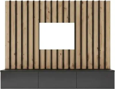 A wall unit with wooden slats and a dark base with drawers.