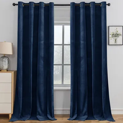 Immagine prodotto di Set di 2 tende - Oscuranti - In velluto - Termiche - Isolamento acustico - 140 x 160 cm (larghezza x altezza) - Blu scuro - Tende oscuranti