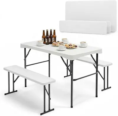 Produktbild von Bierzeltgarnitur Klappbar 3er Set – Tisch + 2 x Bank Set für 4 Personen, HxBxT: 70x113x61 cm, Kunststoff Klapptisch Set für Drinnen & Draußen (Weiß)
