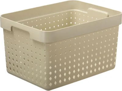 A beige storage basket with diamond-shaped perforations and handles, shown from a 3/4 front view on a white background.