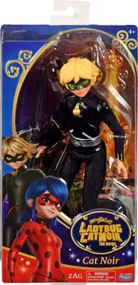 A toy doll of the character Cat Noir from Miraculous Ladybug, displayed in its retail packaging.