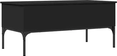 A black coffee table with metal legs on a white background.
