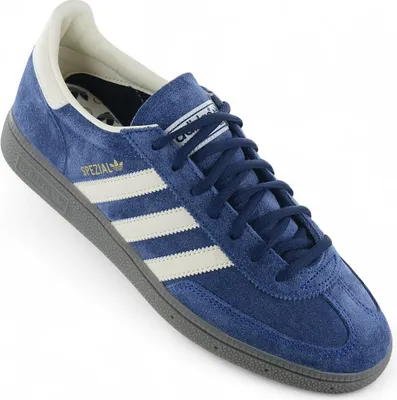 A single blue Adidas sneaker is shown from a slightly elevated side angle against a white background.