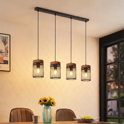Image de Suspension vintage en bois noir, avec 4 ampoules, style rétro, et douille E14 en métal