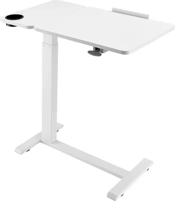 A white adjustable height overbed table with a cup holder.
