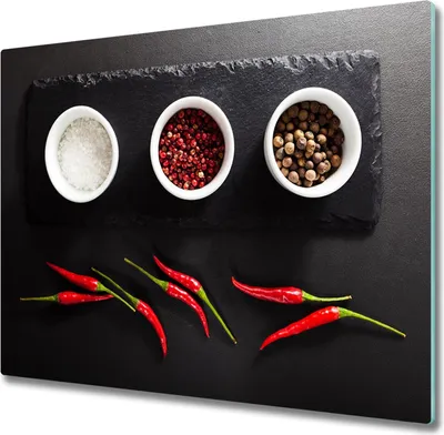 Produktbild von Glas Herdabdeckplatte 60x52 cm Spritzschutz Glasabdeckplatte Schneidebrett Gewürze und Chili