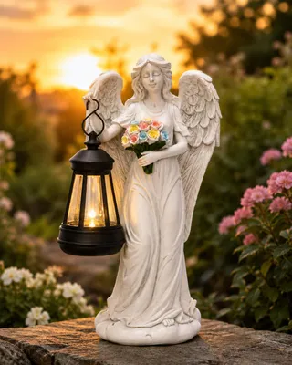 Schutzengelfigur mit Solar-LED, Blumen, wetterfest, 25,2 cm