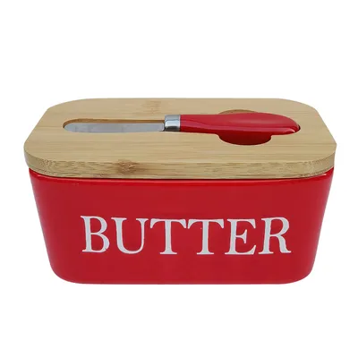 Produktbild von 600ml Butterdose mit Schneidemesser Handgefertigte Butterdose aus Keramik , Hitzebeständig, 16,5 * 10 * 7,8 cm (Rot)