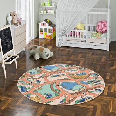 Produktbild von Kinder Spiel Straßenteppich Beige Rund, Größe:160 cm Rund